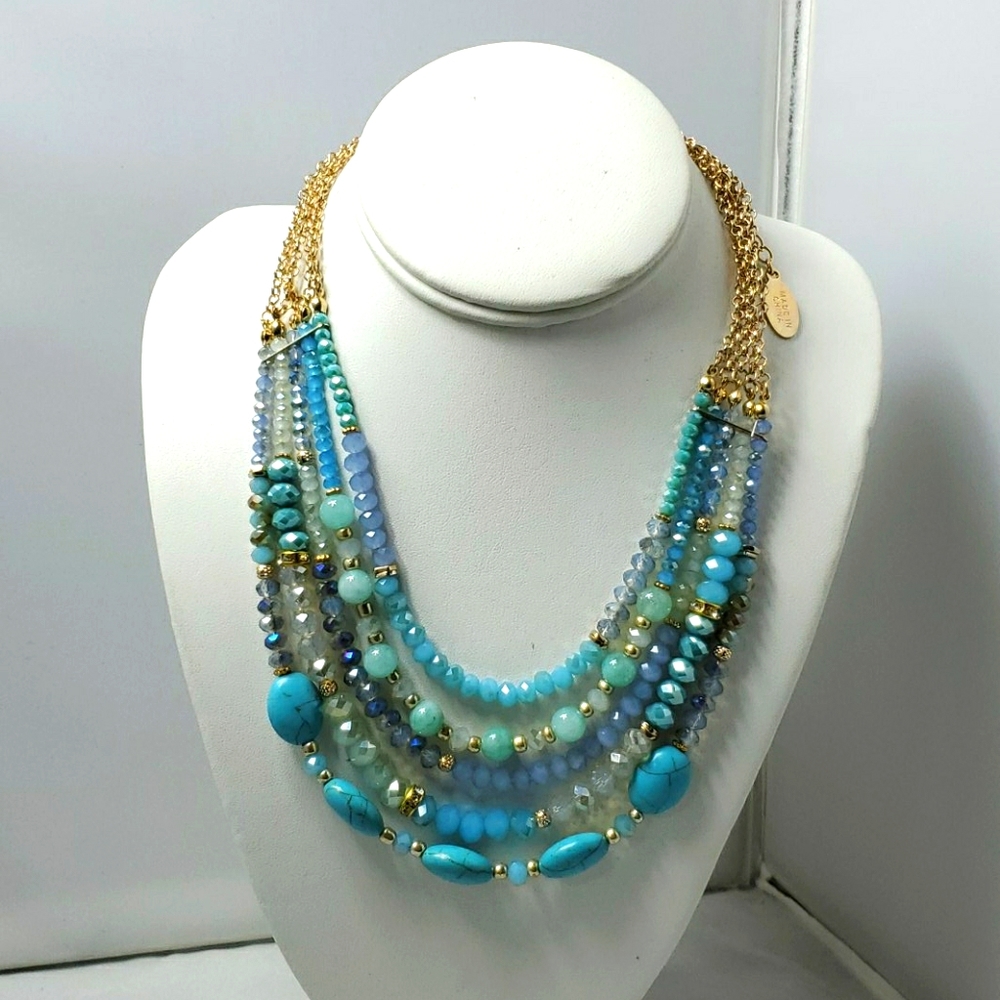 Ali khan 5 strand blue glass beaded necklace with gift box